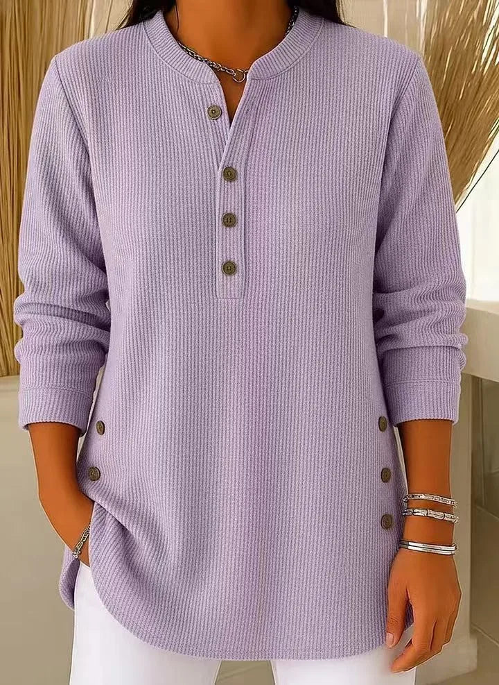 Lavender ribbed Henley tunic top with long sleeves, showing the soft knit texture and button placket