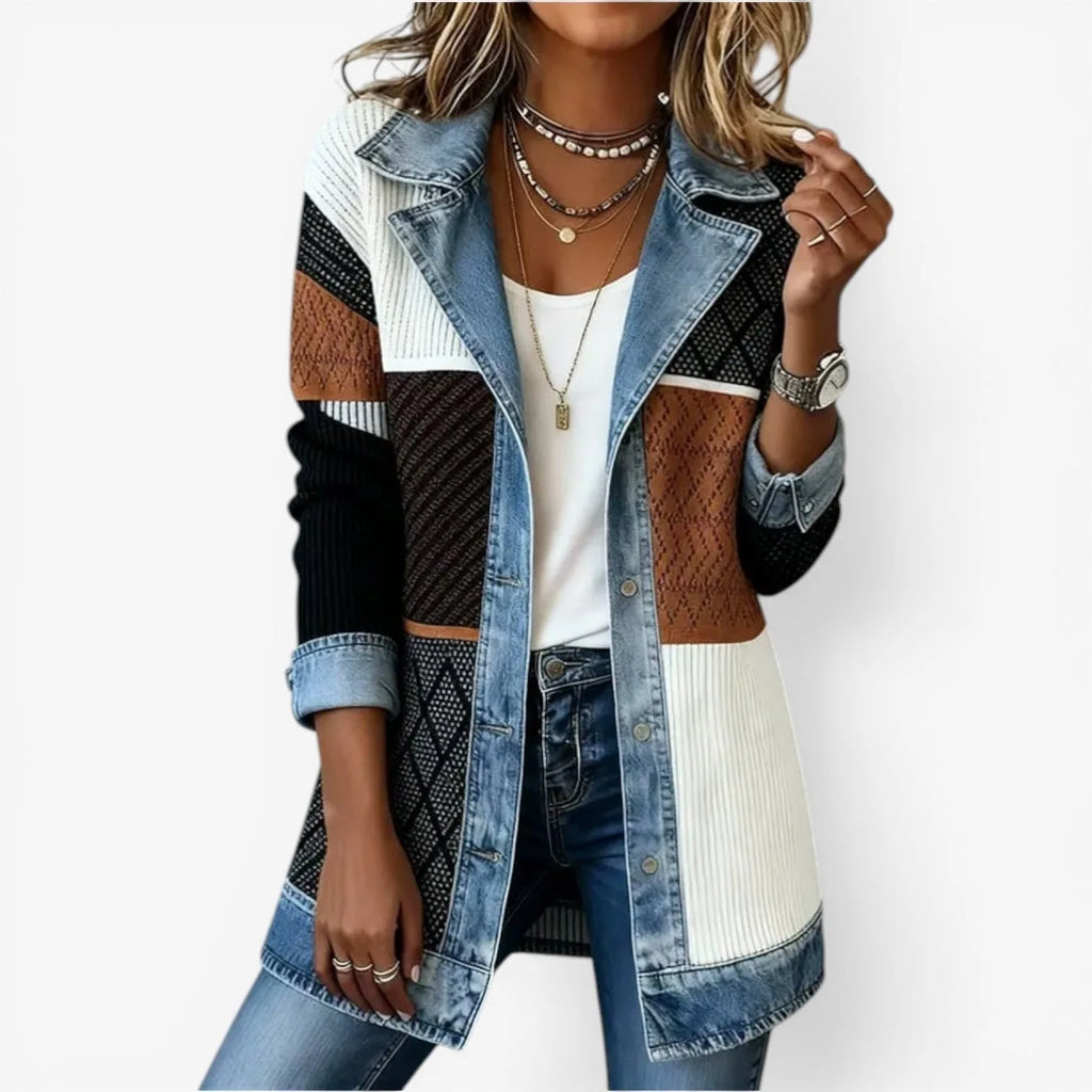 Colourblock knit jacket in black, white and tan patterned panels with denim collar and cuffs