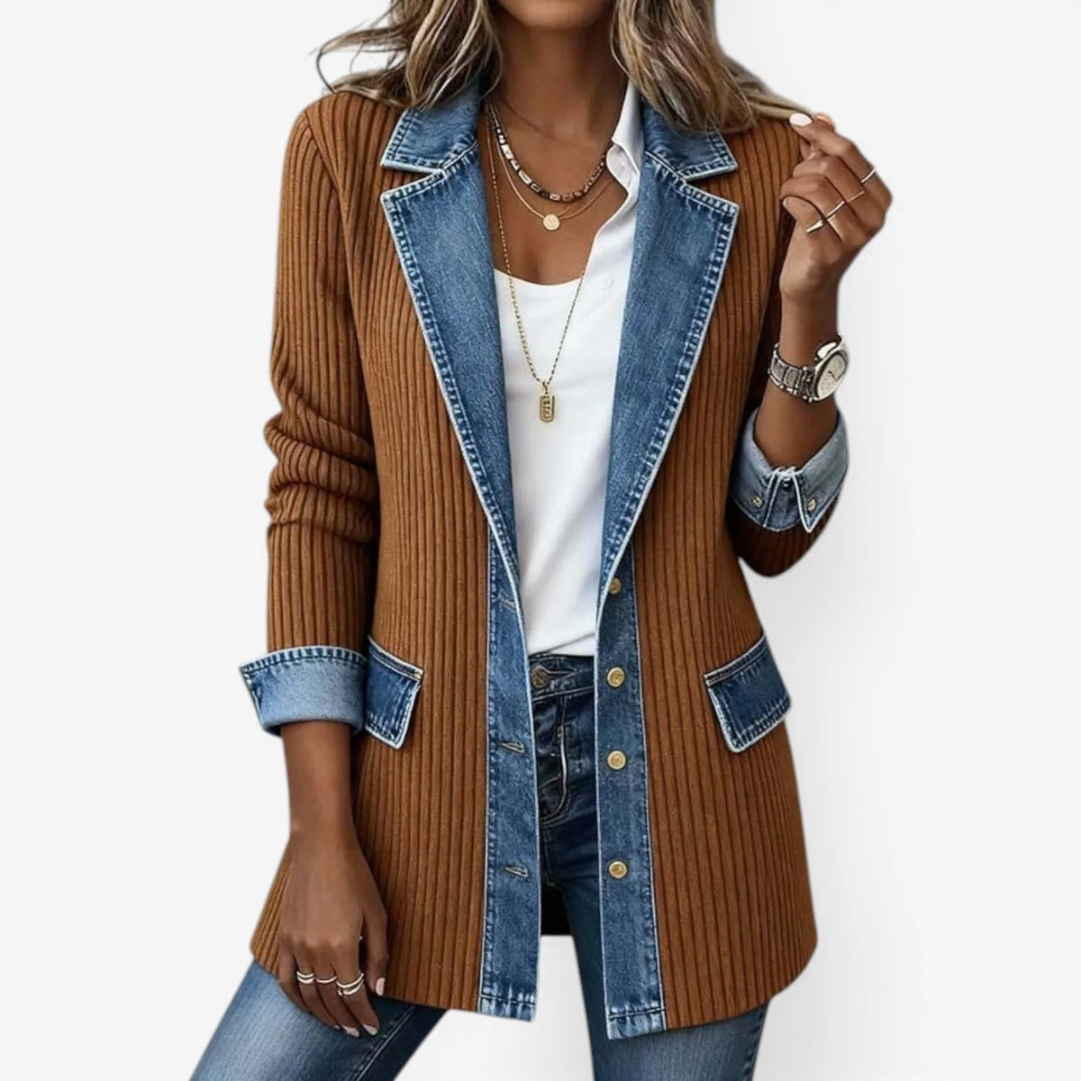 Camel brown ribbed knit blazer-style jacket with denim lapel, cuffs and front pockets