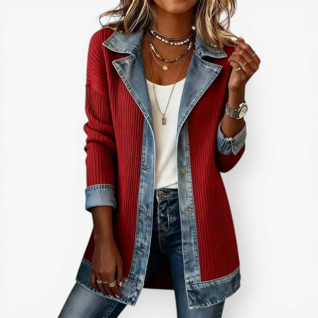 Deep red ribbed knit jacket with contrast denim collar, cuffs and hem trim, worn open
