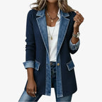 Navy ribbed knit jacket with matching denim-tone lapel, cuffs and patch pockets
