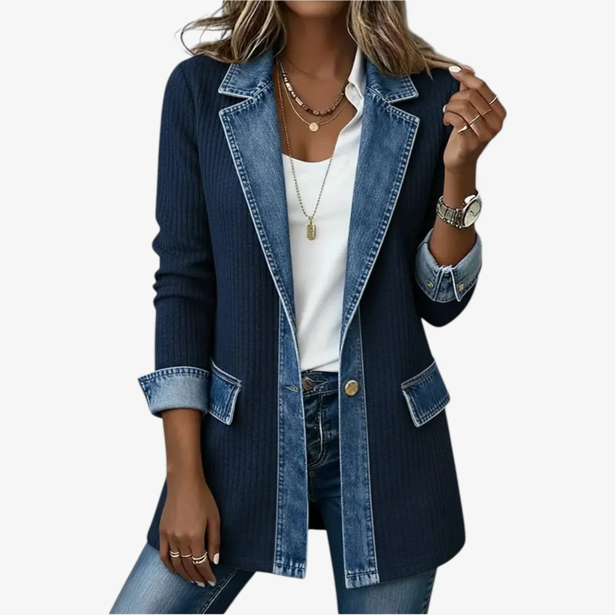 Navy ribbed knit jacket with matching denim-tone lapel, cuffs and patch pockets