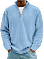 Front view of a sky blue ribbed knit quarter-zip jumper with stand collar and silver zip pull, worn with jeans