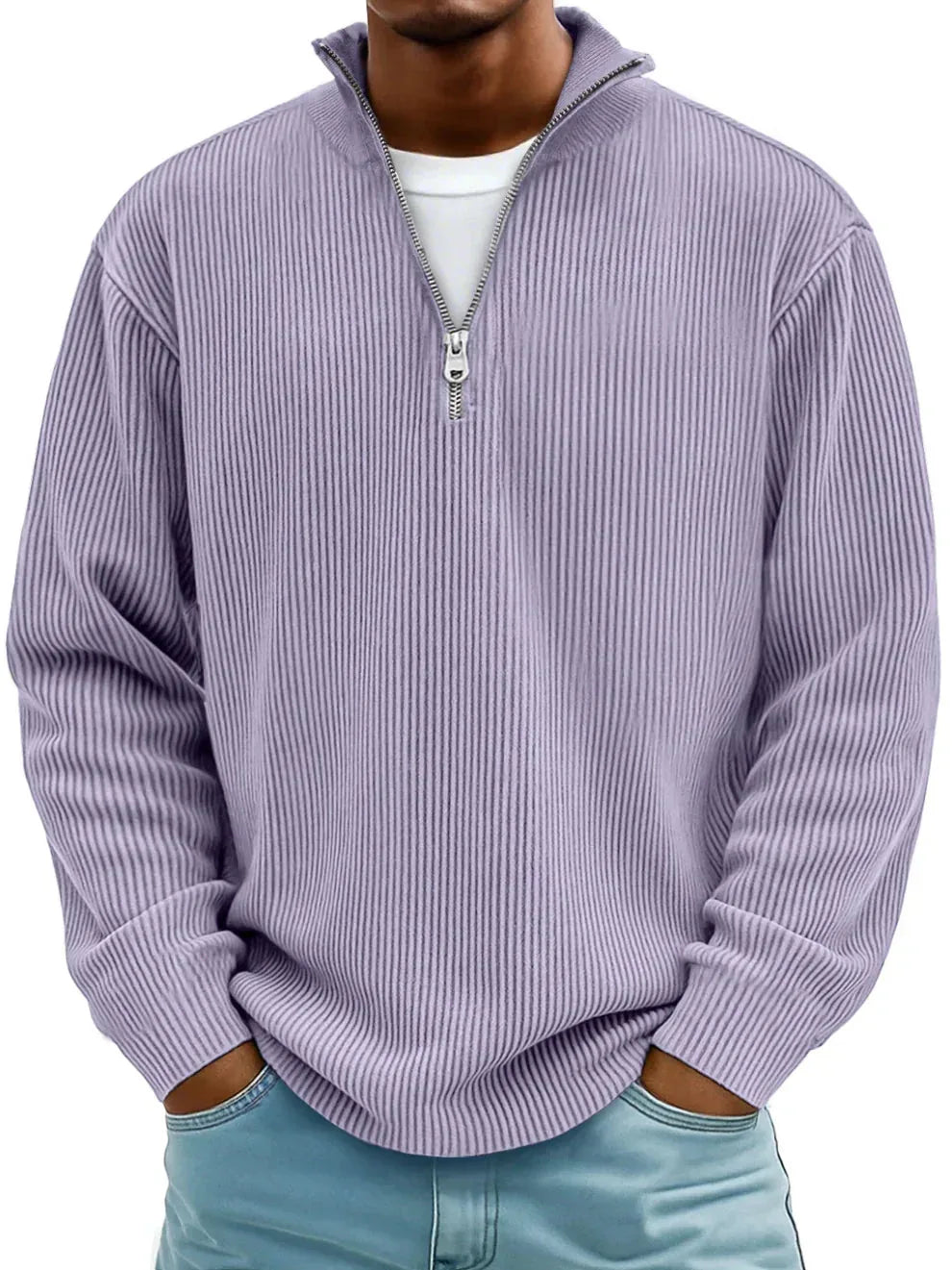 Close-up front shot of a lilac purple ribbed quarter-zip jumper showing the textured knit and open collar