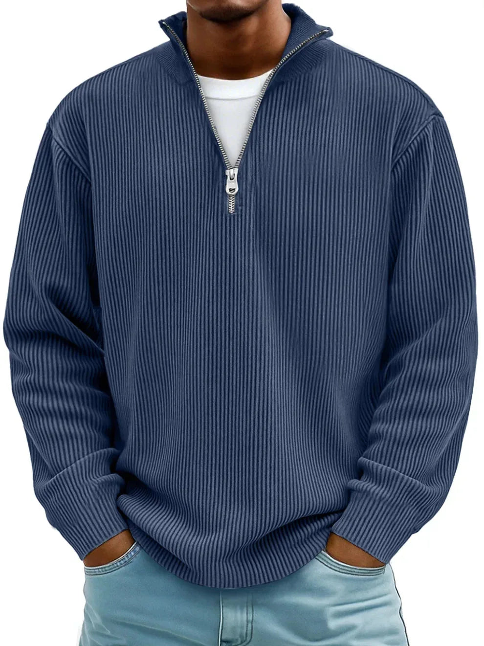 Navy blue ribbed quarter-zip jumper showing the stand-up collar and ribbed cuff detail on the sleeve