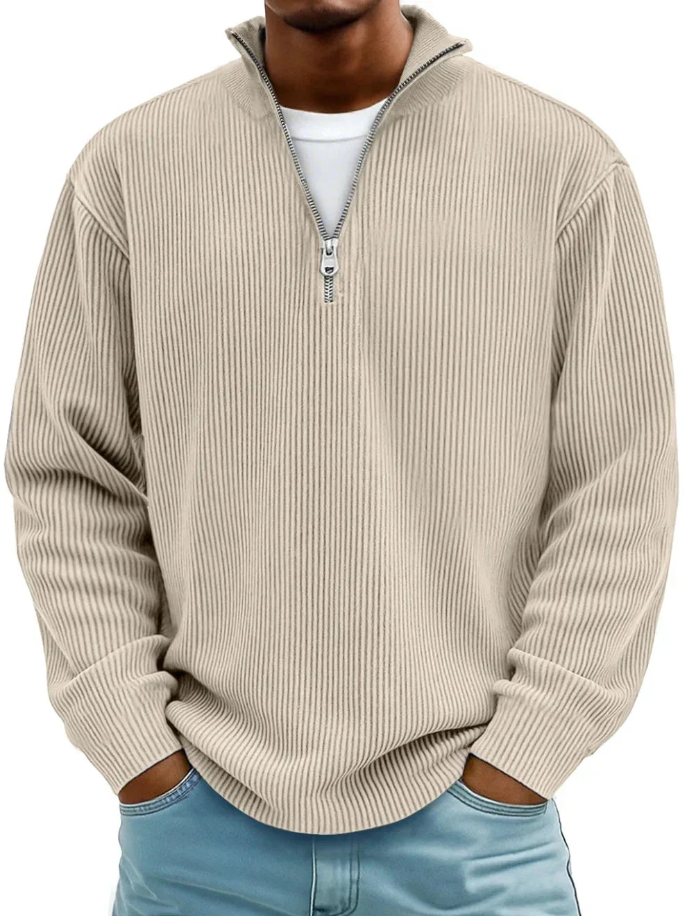 Beige ribbed quarter-zip knit jumper with silver zipper, shown from the chest up over a white t-shirt