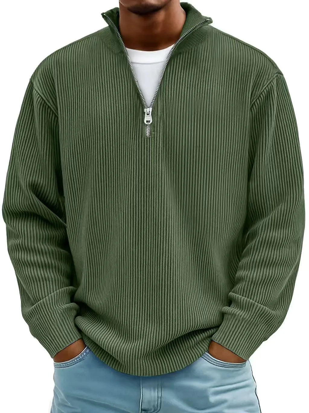 Close-up of the silver zip pull and ribbed stand collar on a quarter-zip knit jumper in rust red
