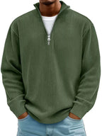 Close-up of the silver zip pull and ribbed stand collar on a quarter-zip knit jumper in rust red
