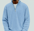 Close-up of the silver zip pull and ribbed knit texture on a quarter-zip jumper collar