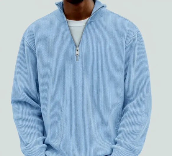 Close-up of the silver zip pull and ribbed knit texture on a quarter-zip jumper collar