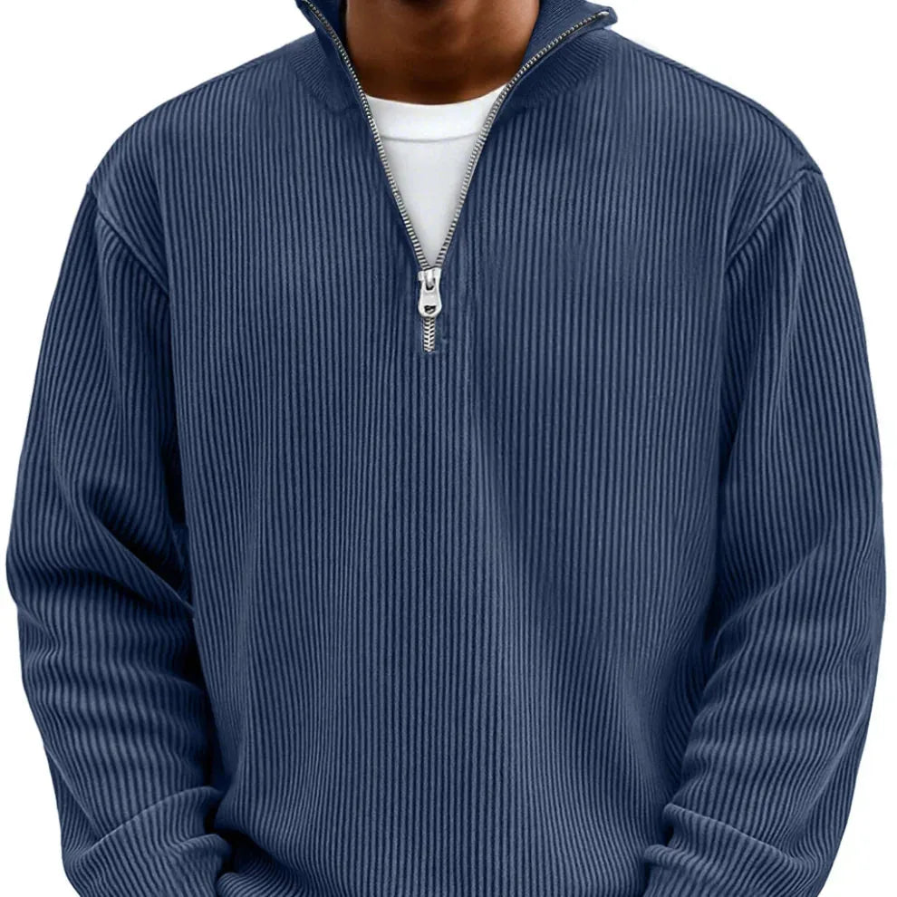 Navy blue ribbed knit quarter-zip jumper, close-up front view showing raglan sleeve seams