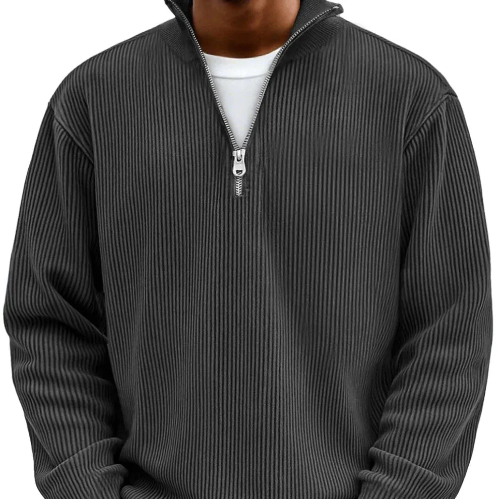 Off-white ribbed knit quarter-zip jumper, close-up view of textured fabric and zipper detail