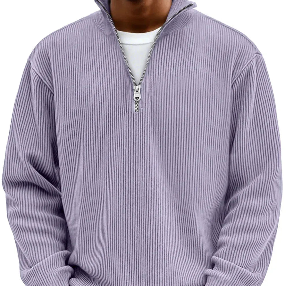 Olive green ribbed quarter-zip jumper, front view showing high stand collar and silver zip