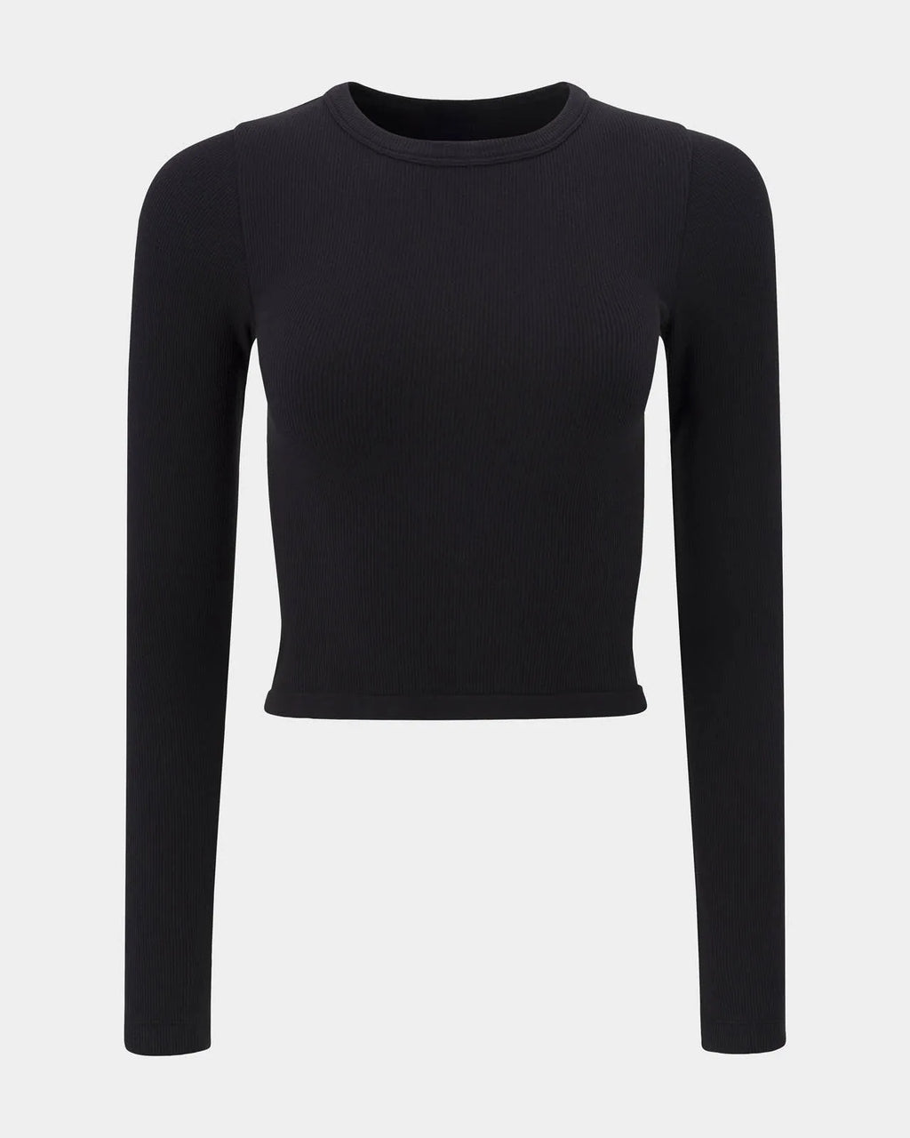Black ribbed long sleeve crop top on a plain background, front view showing round neckline and fitted sleeves