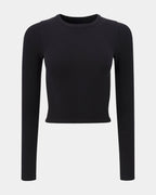 Black ribbed long sleeve crop top on a plain background, front view showing round neckline and fitted sleeves