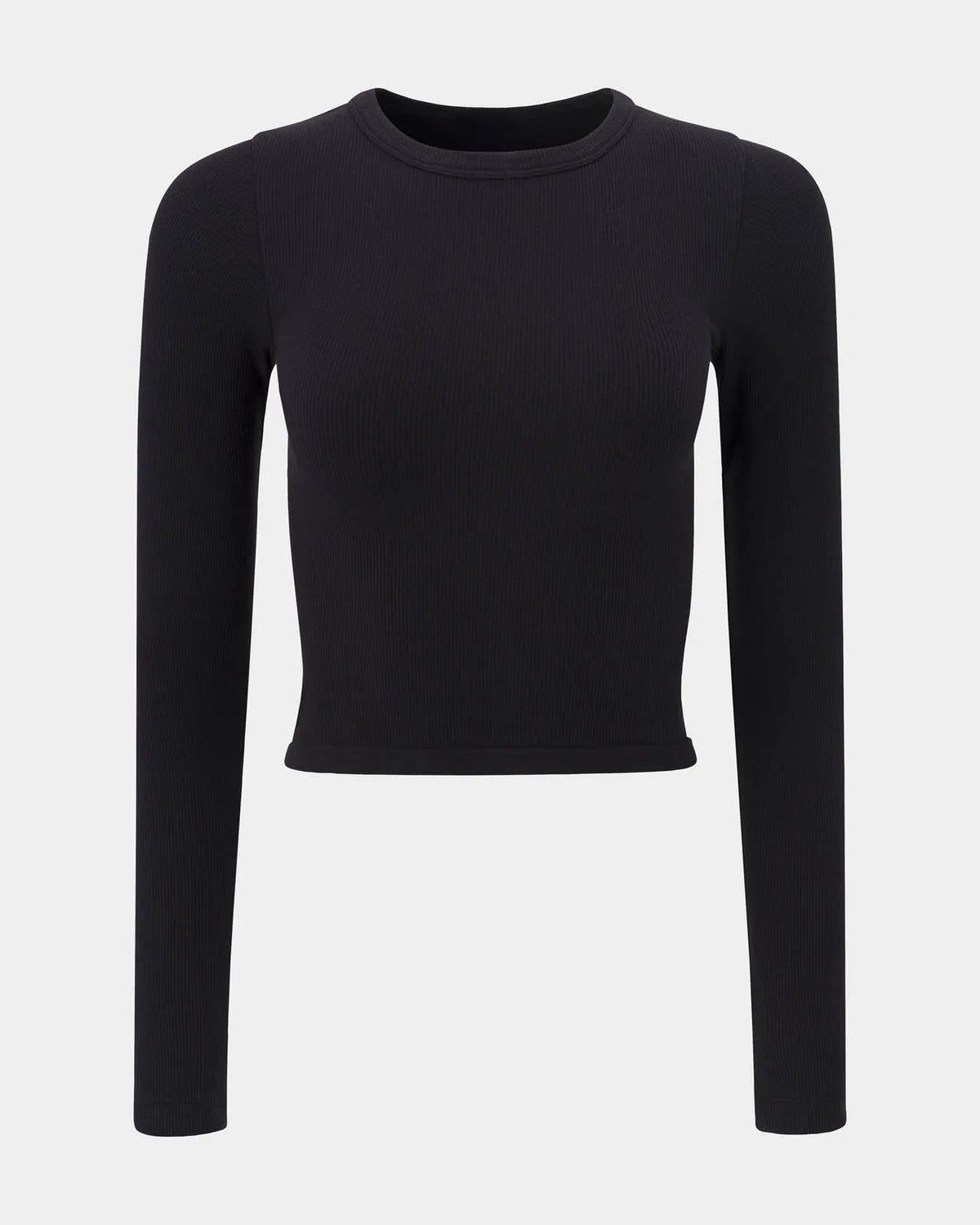 Black ribbed long sleeve crop top on a plain background, front view showing round neckline and fitted sleeves