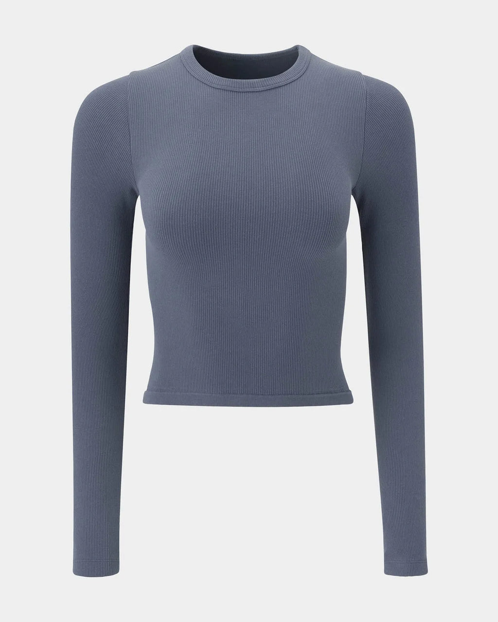 Blue-grey ribbed long sleeve crop top on a plain background, front view showing fitted silhouette