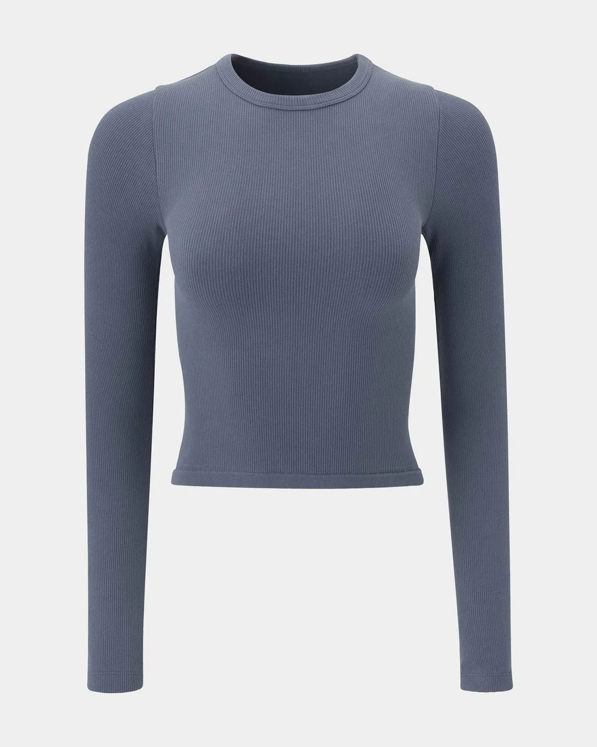 Blue-grey ribbed long sleeve crop top on a plain background, front view showing fitted silhouette