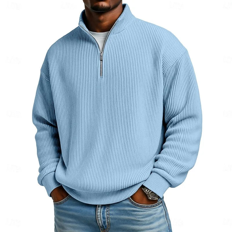 Detail shot of the ribbed fabric texture and metal zip pull on the quarter-zip collar