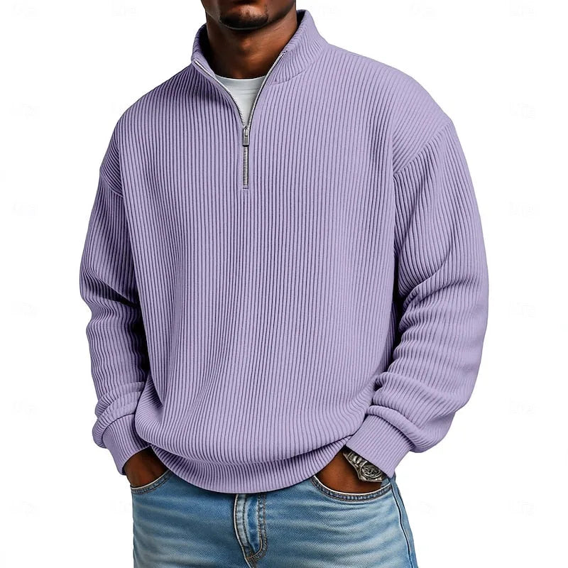 Close-up front view of the lilac ribbed quarter-zip jumper with silver zip pull and relaxed sleeves