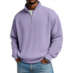 Close-up front view of the lilac ribbed quarter-zip jumper with silver zip pull and relaxed sleeves