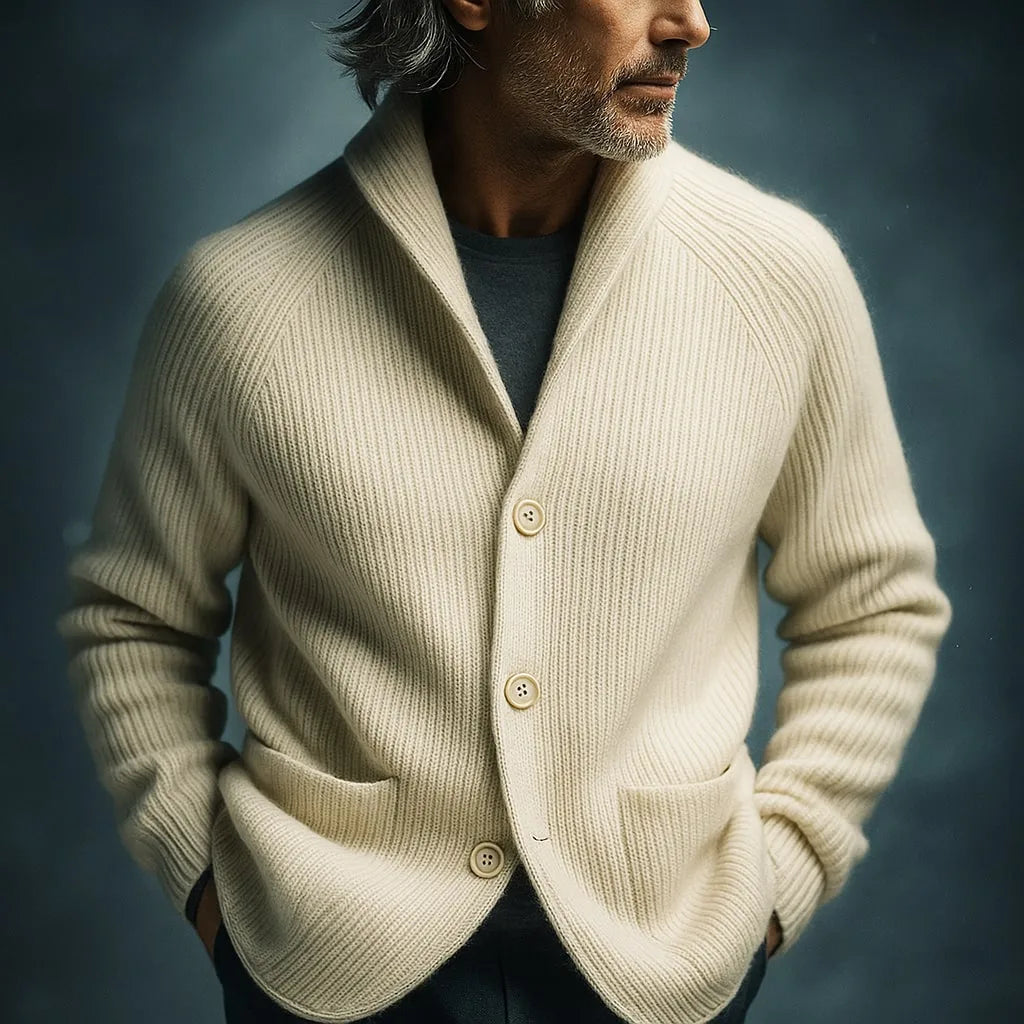 Detail shot of the ribbed knit texture and front patch pocket on the pink cardigan