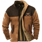 Front view of a brown and dark brown colour-block fleece jacket, unzipped to show the soft sherpa lining and bull-horn chest emblem.