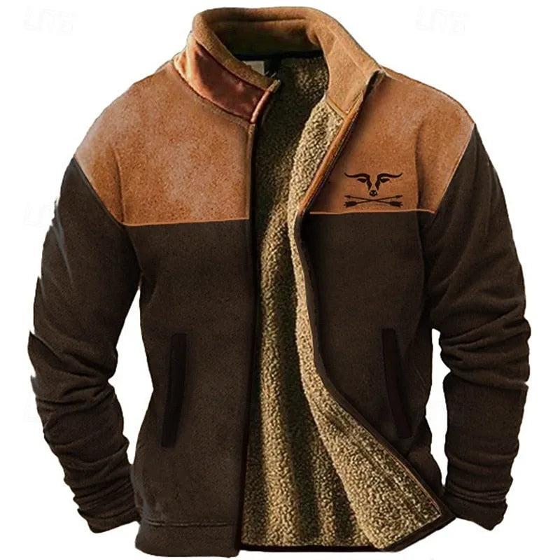 Coffee and dark brown two-tone fleece jacket worn open, showing the stand collar, zip pockets and thick fleece inner lining.