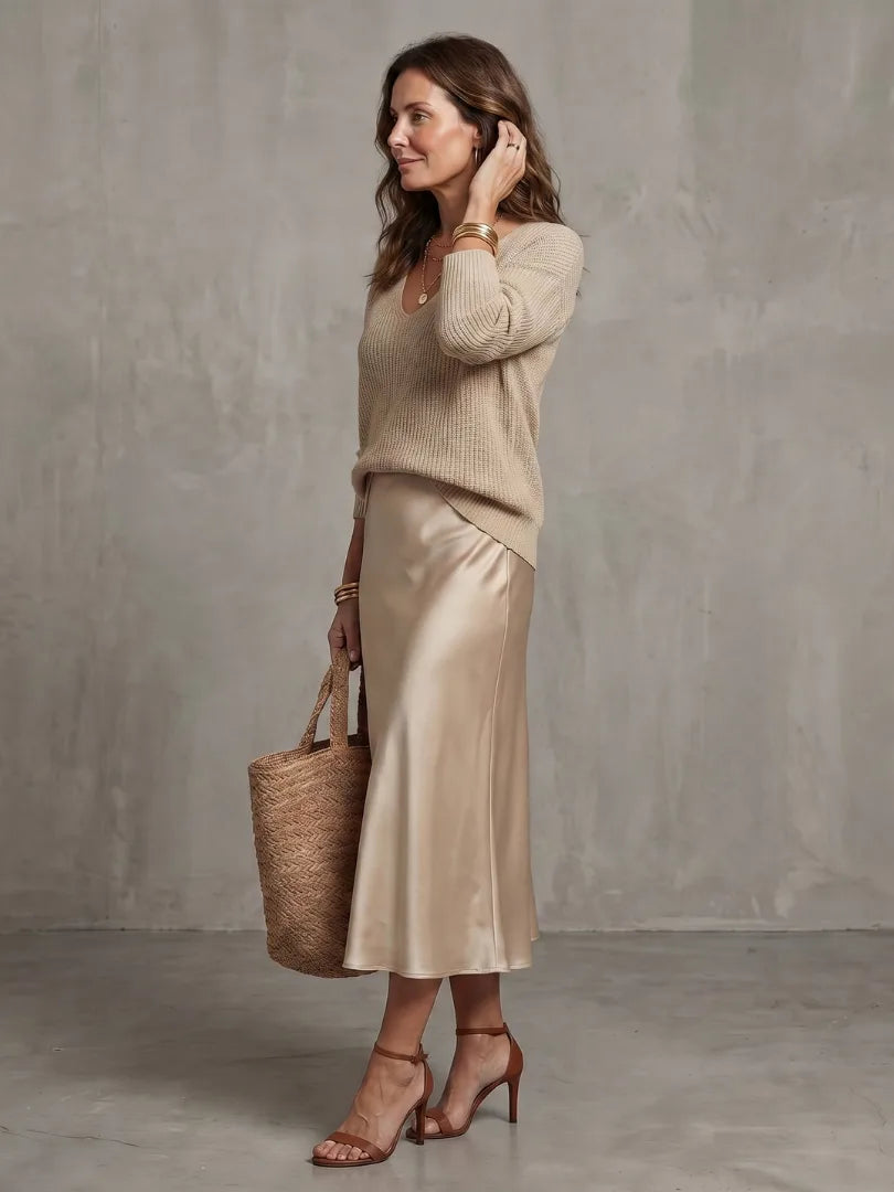 Front view showing the V-neckline depth of the knit jumper layered with delicate gold jewellery
