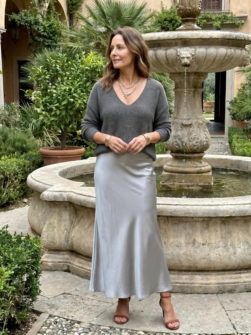Detail shot of the satin skirt hem and brown ankle-strap heeled sandals together