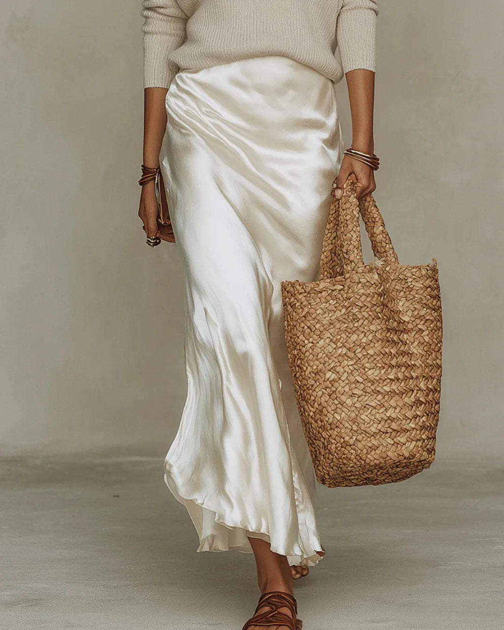 Close-up of the ivory satin skirt draped with soft folds, worn under a cream jumper, paired with brown leather sandals
