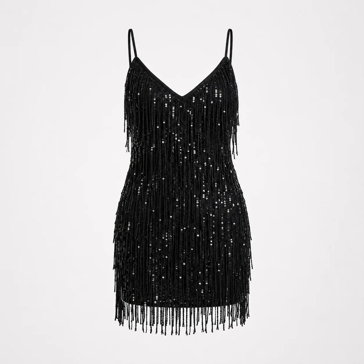 Flat lay of the black sequin fringe mini dress showing the layered fringe skirt and delicate straps