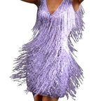 Close-up front detail of lilac sequin fringe mini dress showing layered tassel fringe over a V-neckline