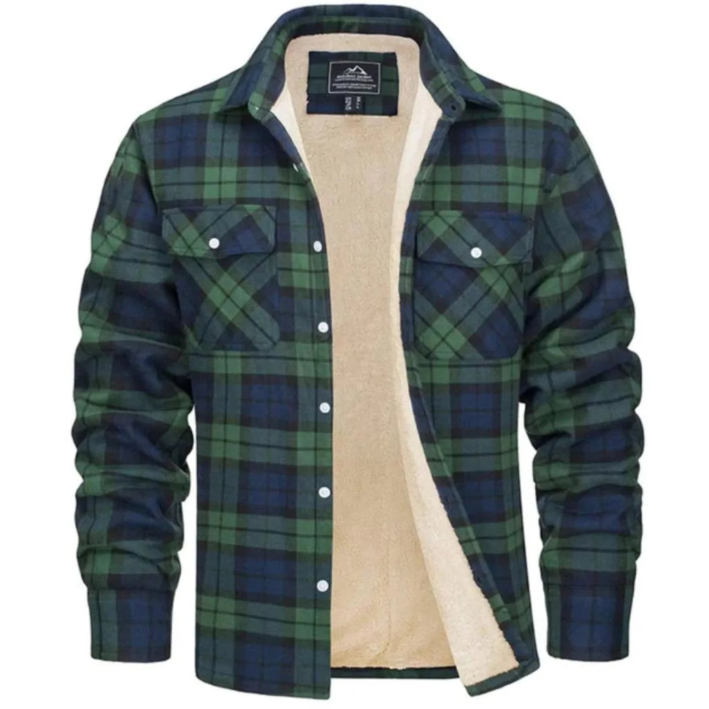 Front view of green and navy tartan flannel shirt jacket, open to show cream sherpa fleece lining and chest pockets
