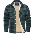 Front view of green and navy tartan flannel shirt jacket, open to show cream sherpa fleece lining and chest pockets