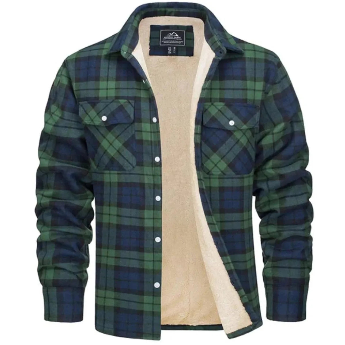 Front view of green and navy tartan flannel shirt jacket, open to show cream sherpa fleece lining and chest pockets