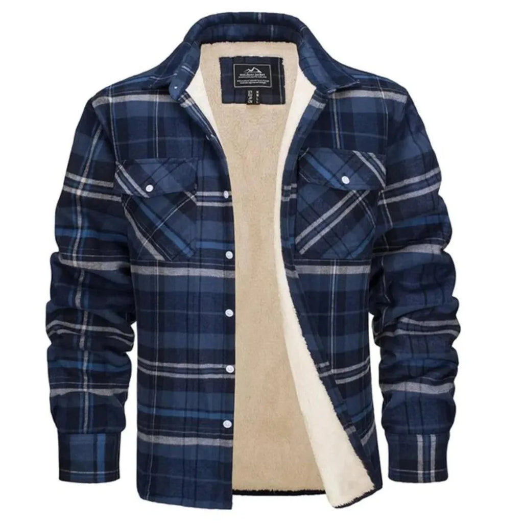 Front view of brown and beige checked flannel shirt jacket buttoned up with collar and chest pockets visible