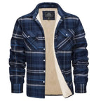 Front view of brown and beige checked flannel shirt jacket buttoned up with collar and chest pockets visible