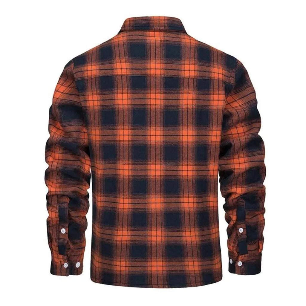 Back view of orange and navy checked flannel shirt jacket showing full tartan pattern and long sleeves