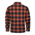 Back view of orange and navy checked flannel shirt jacket showing full tartan pattern and long sleeves