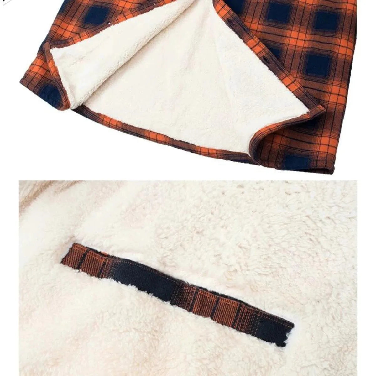 Close-up of the open hem showing the cream sherpa fleece lining against the orange checked flannel exterior