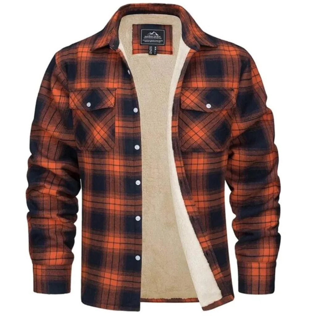 Close-up of the plush cream sherpa fleece lining with a strip of orange checked flannel fabric alongside it
