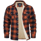Close-up of the plush cream sherpa fleece lining with a strip of orange checked flannel fabric alongside it