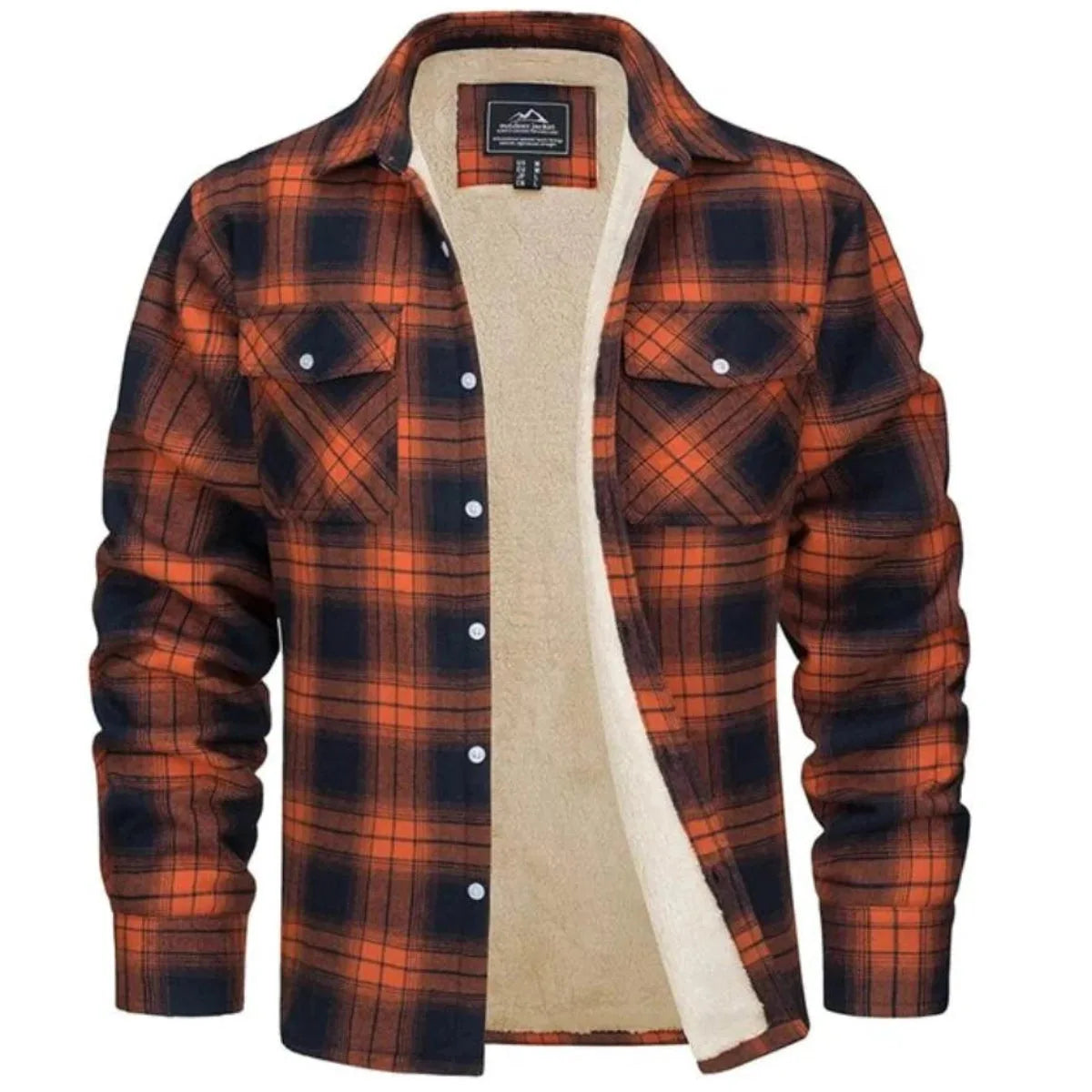 Close-up of the plush cream sherpa fleece lining with a strip of orange checked flannel fabric alongside it