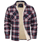 Front view of orange and navy checked flannel shirt jacket fully open, revealing the sherpa lining and twin pockets