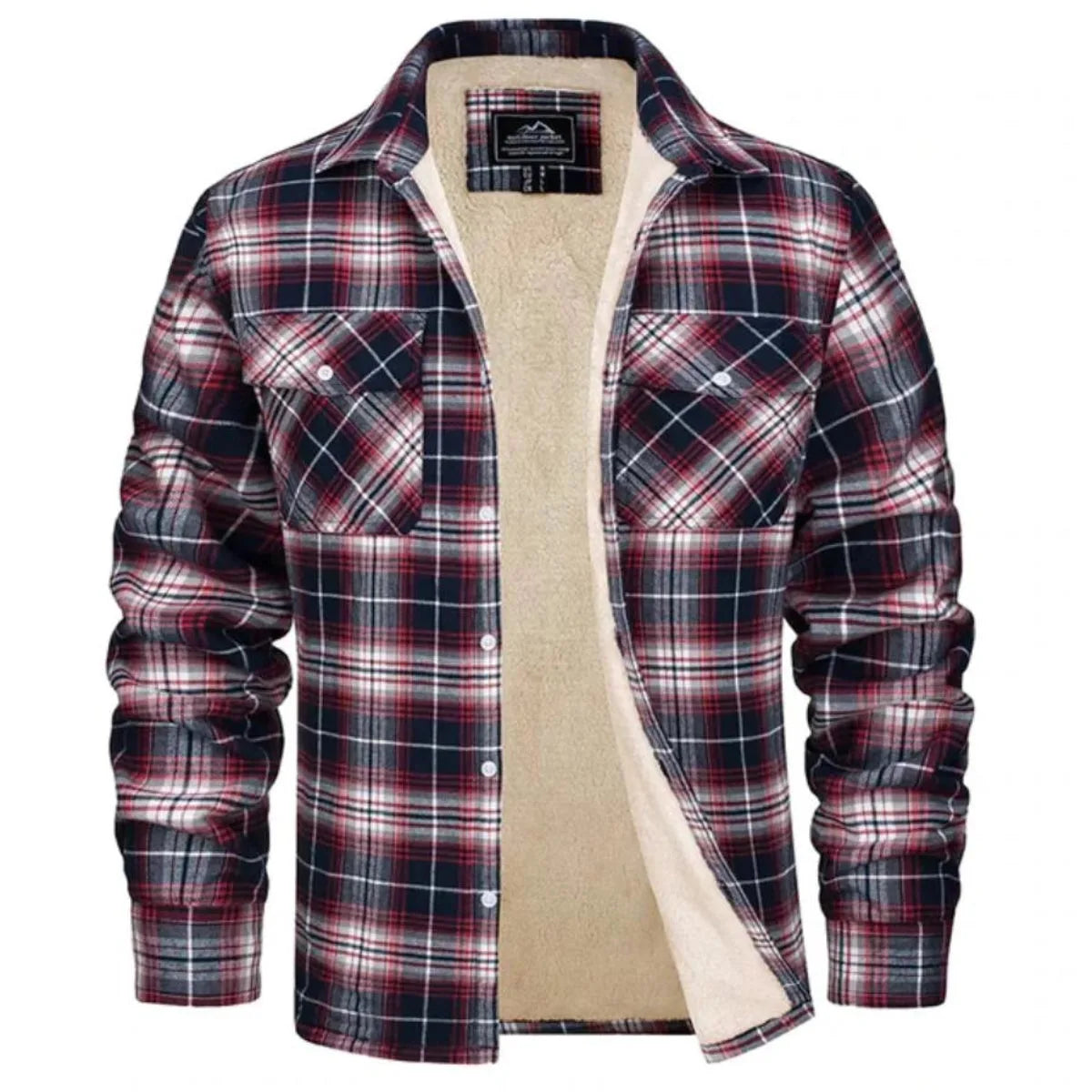 Front view of orange and navy checked flannel shirt jacket fully open, revealing the sherpa lining and twin pockets