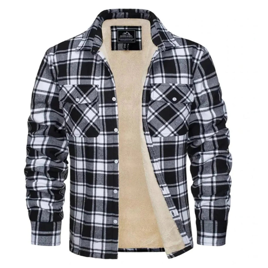 Front view of red, navy and white tartan flannel shirt jacket open to show the cream sherpa fleece lining