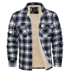 Front view of red, navy and white tartan flannel shirt jacket open to show the cream sherpa fleece lining