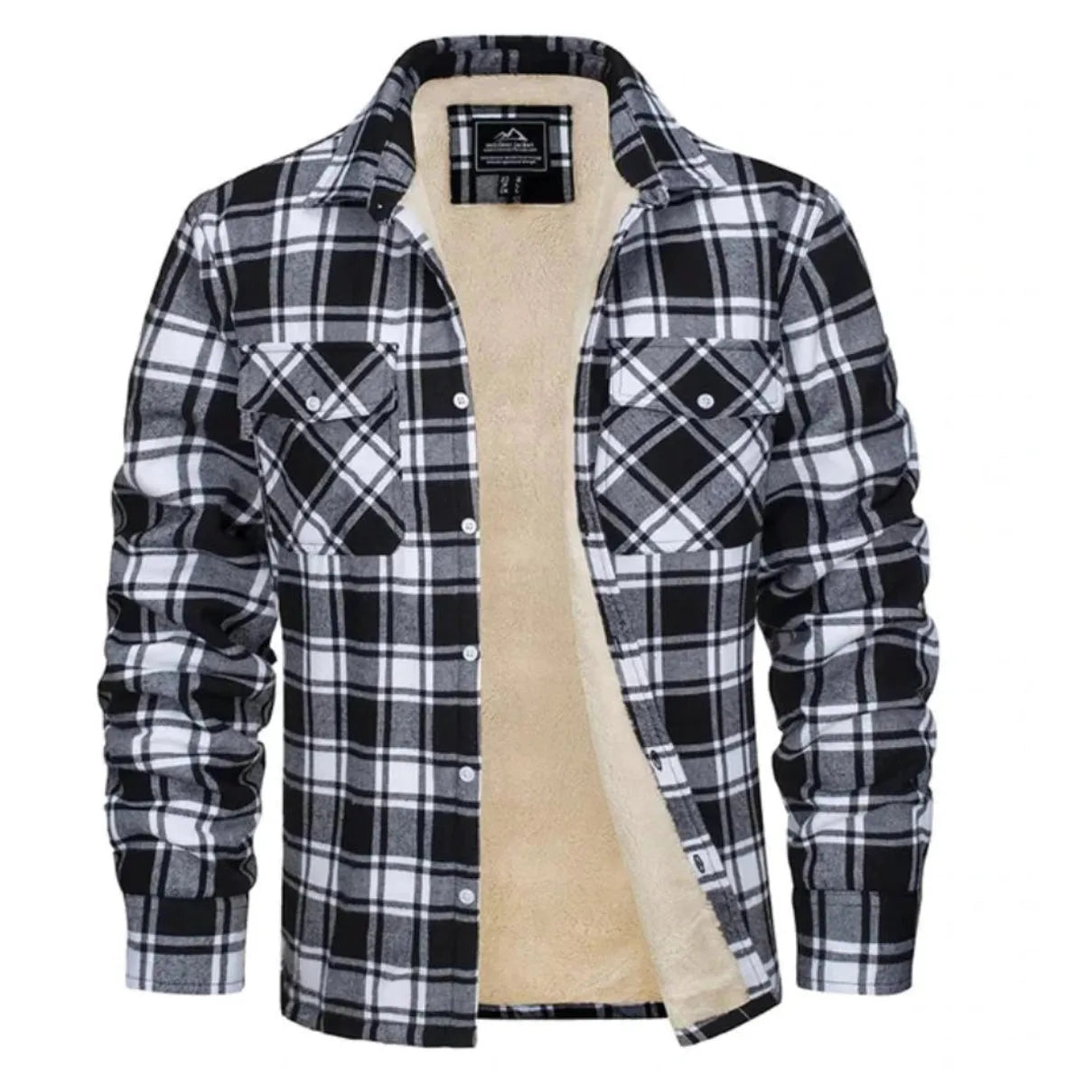 Front view of red, navy and white tartan flannel shirt jacket open to show the cream sherpa fleece lining