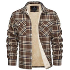 Front view of black and white checked flannel shirt jacket open to reveal the cream sherpa fleece lining